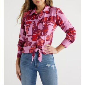 Sofia by Sofia Vergara Women's Pink Red Leaf Print Button Down Shirt Size XL